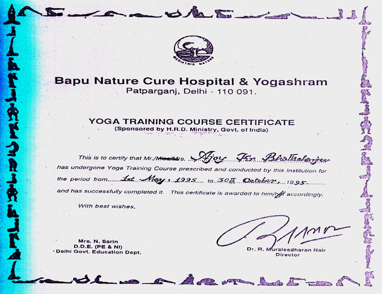 Certificate from Bapu Nature Cure Hospital and Yogashanas