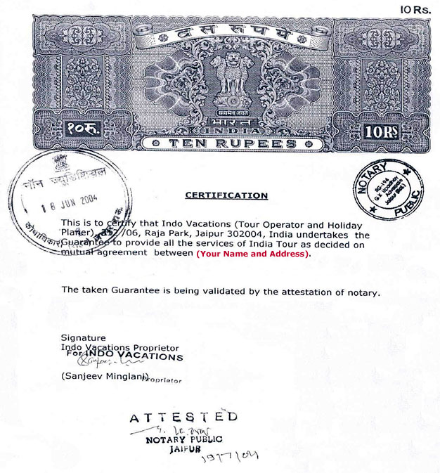 Indo Vacations Guarantee Certificate