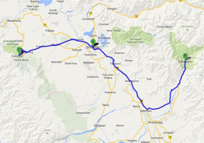 kashmir tour map with distance