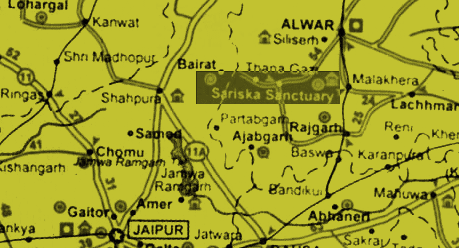 Map of Sariska and surrounding areas of Rajasthan