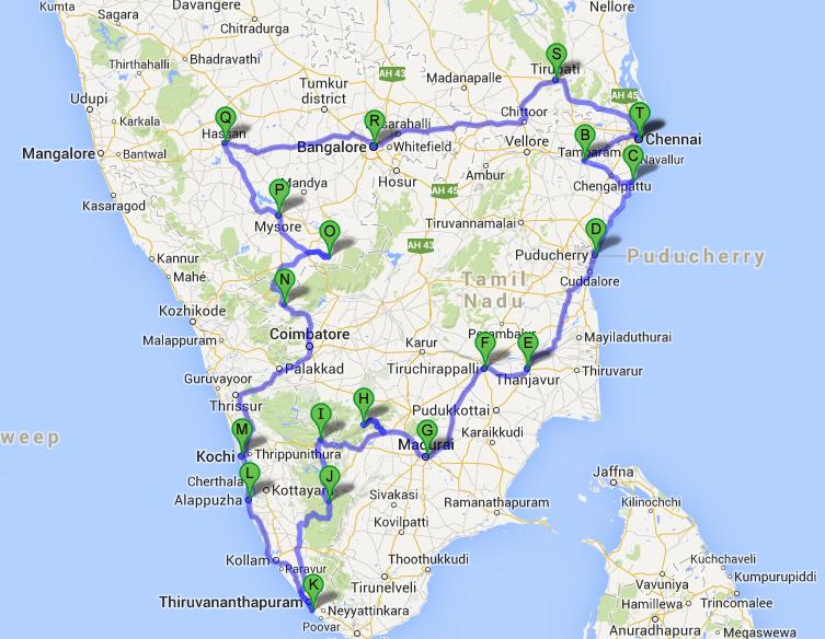 south india tour map with distance