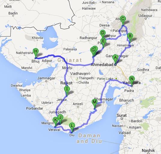 gujarat tourist map with distance