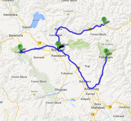 kashmir tour map with distance