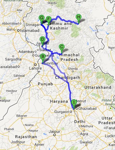 kashmir tour map with distance