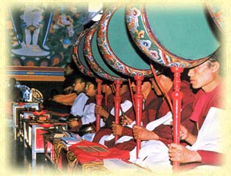 Buddhist prayer ceremony by Lamas in a monastery in Tibet